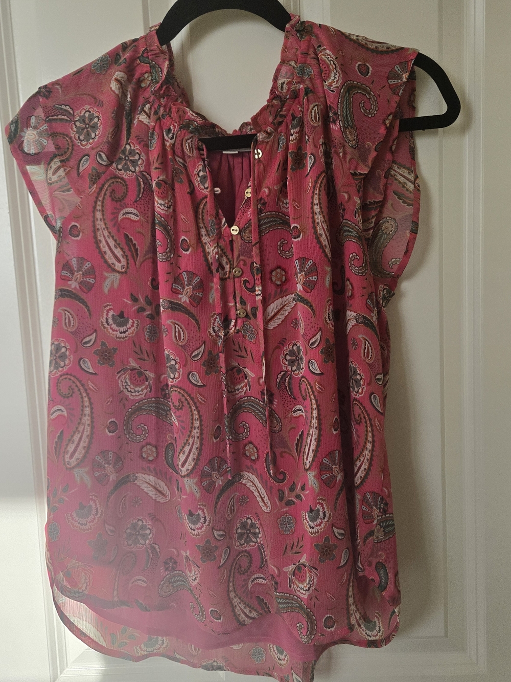 LOFT Pink Paisley Sleeveless Ruffled Neck Blouse